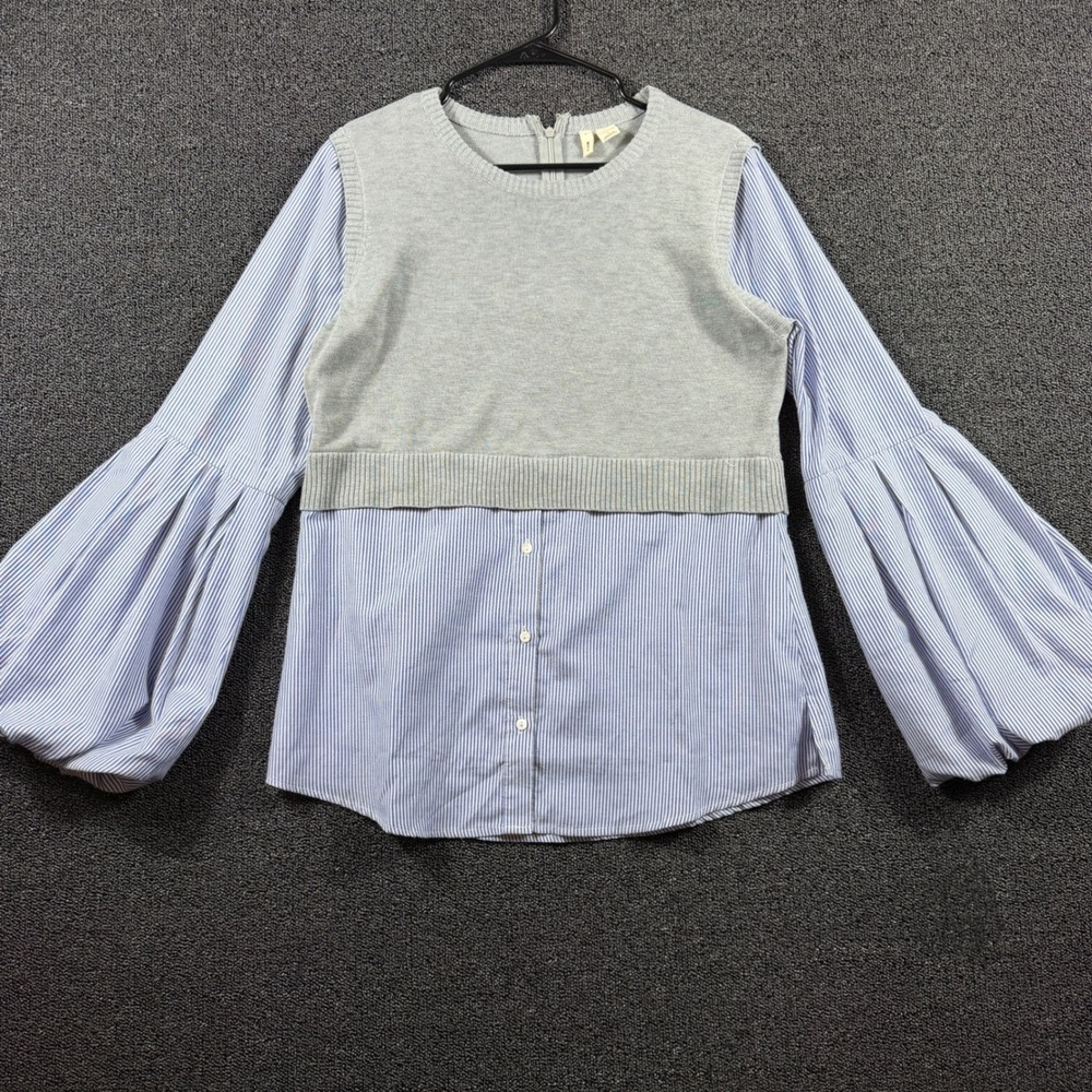 Anthropologie Moth Layered Twofer Sweater Blouse Lantern Sleeve Hickory Stripe L